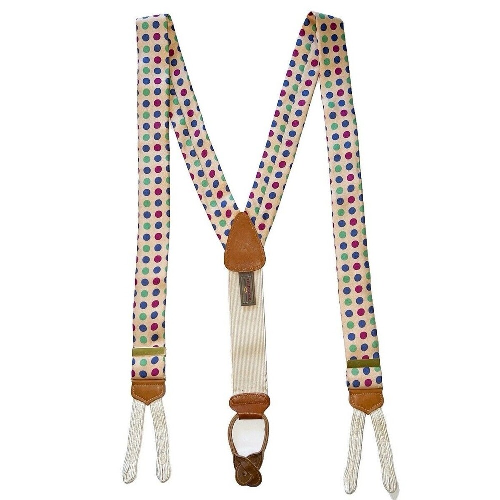 Trafalgar Vintage Silk Leather Suspenders Cream Colorful Polka Dot Button Y Back